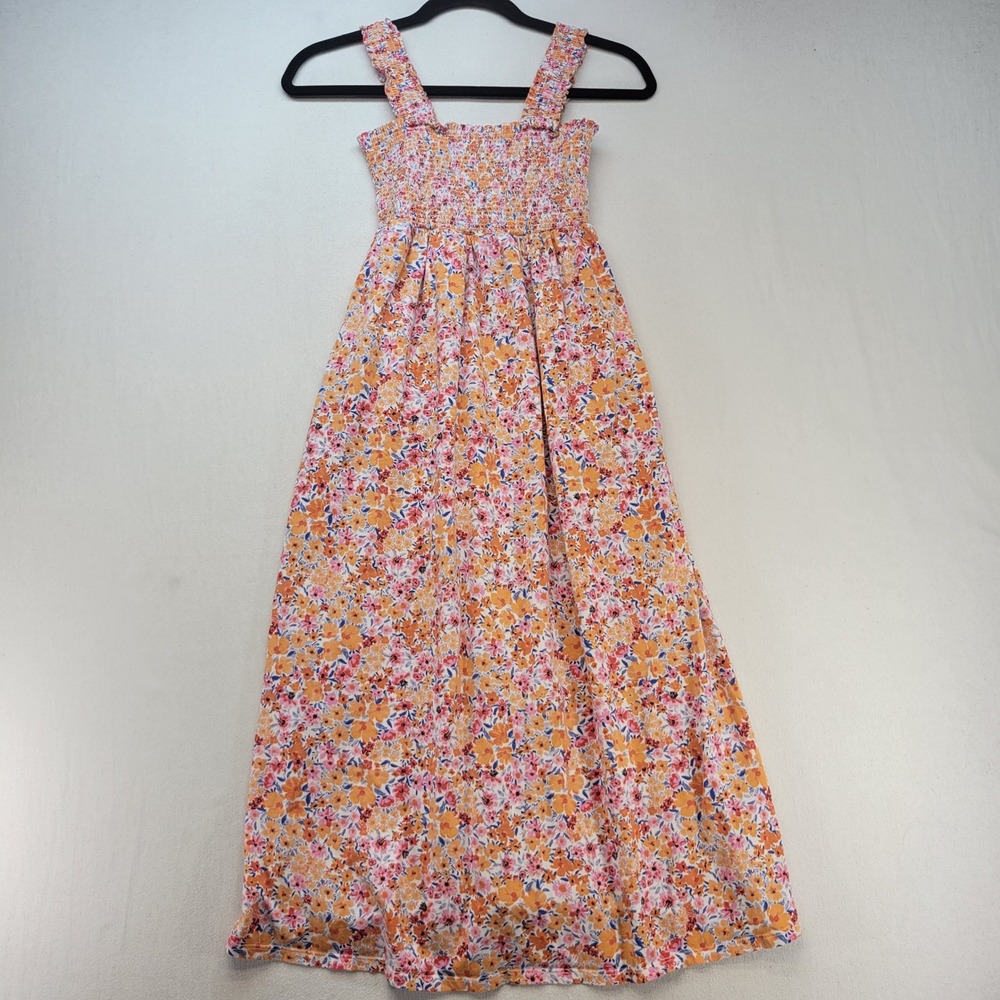 Old Navy Maxi Dress Womens Small Orange Floral Spring Smocked Scrunch Girly